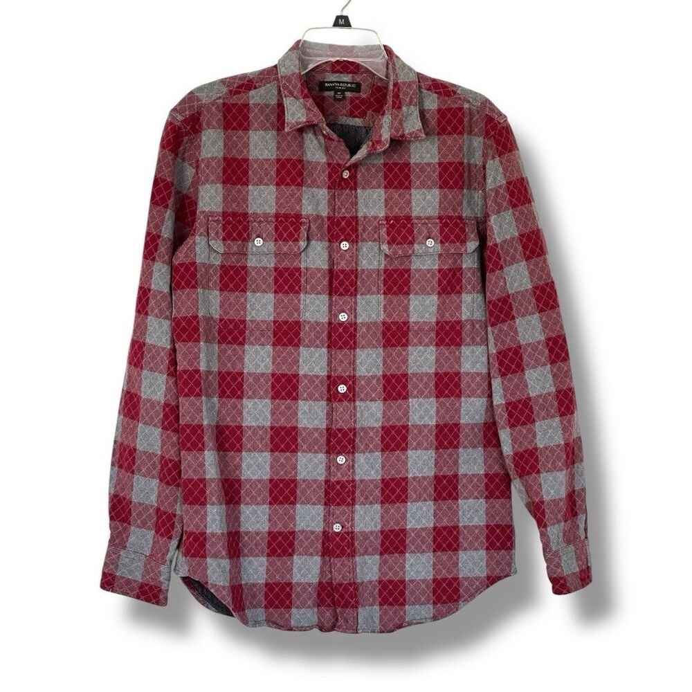 Banana Republic Men’s Slim Fit Red Gray Plaid Quilted Long Sleeve Shacket Med